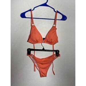Womens Orange Ribbed Bikini Set Two Piece Tie Back Triangle Swimwear Size S